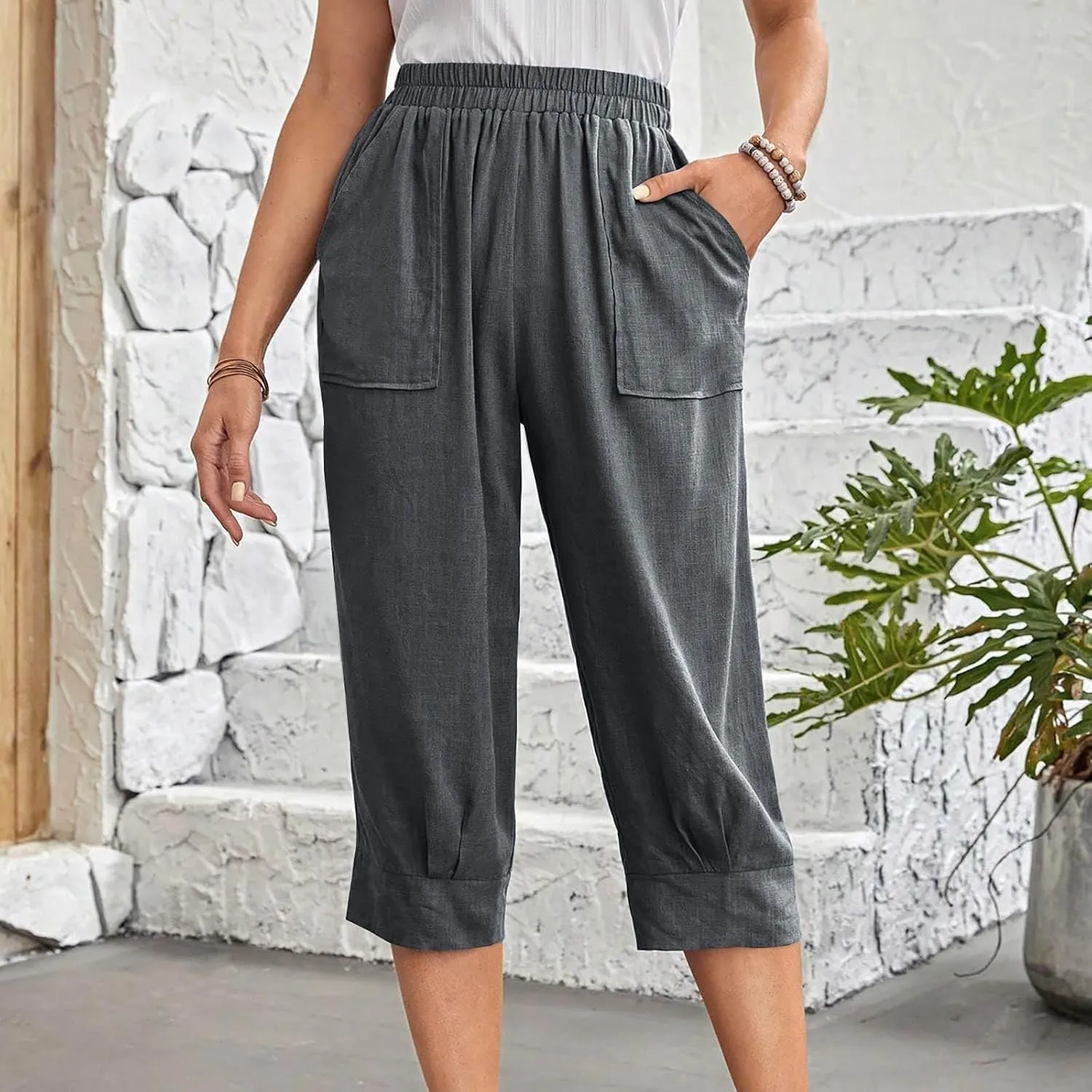 Women's Linen Wide Leg Capri Pants Casual Summer High Waist Flowy Baggy Comfy Straight Leg Yoga Lounge Trousers Beach
