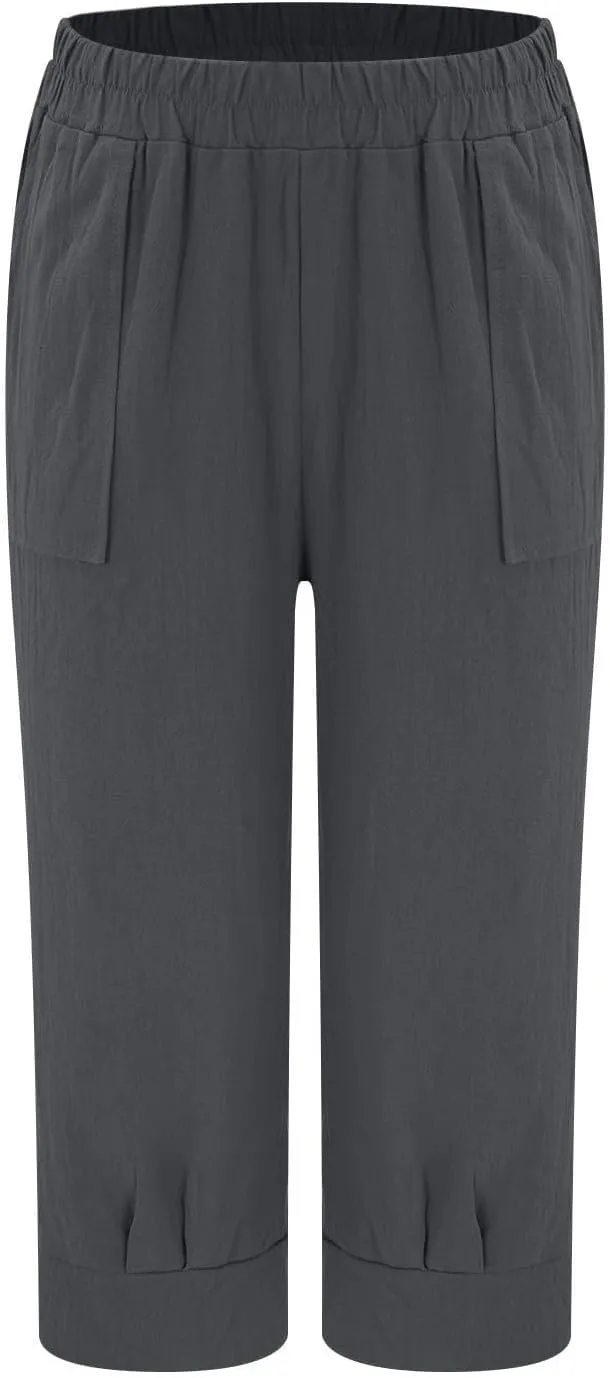 Women's Linen Wide Leg Capri Pants Casual Summer High Waist Flowy Baggy Comfy Straight Leg Yoga Lounge Trousers Beach