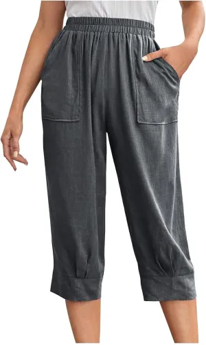 Women's Linen Wide Leg Capri Pants Casual Summer High Waist Flowy Baggy Comfy Straight Leg Yoga Lounge Trousers Beach