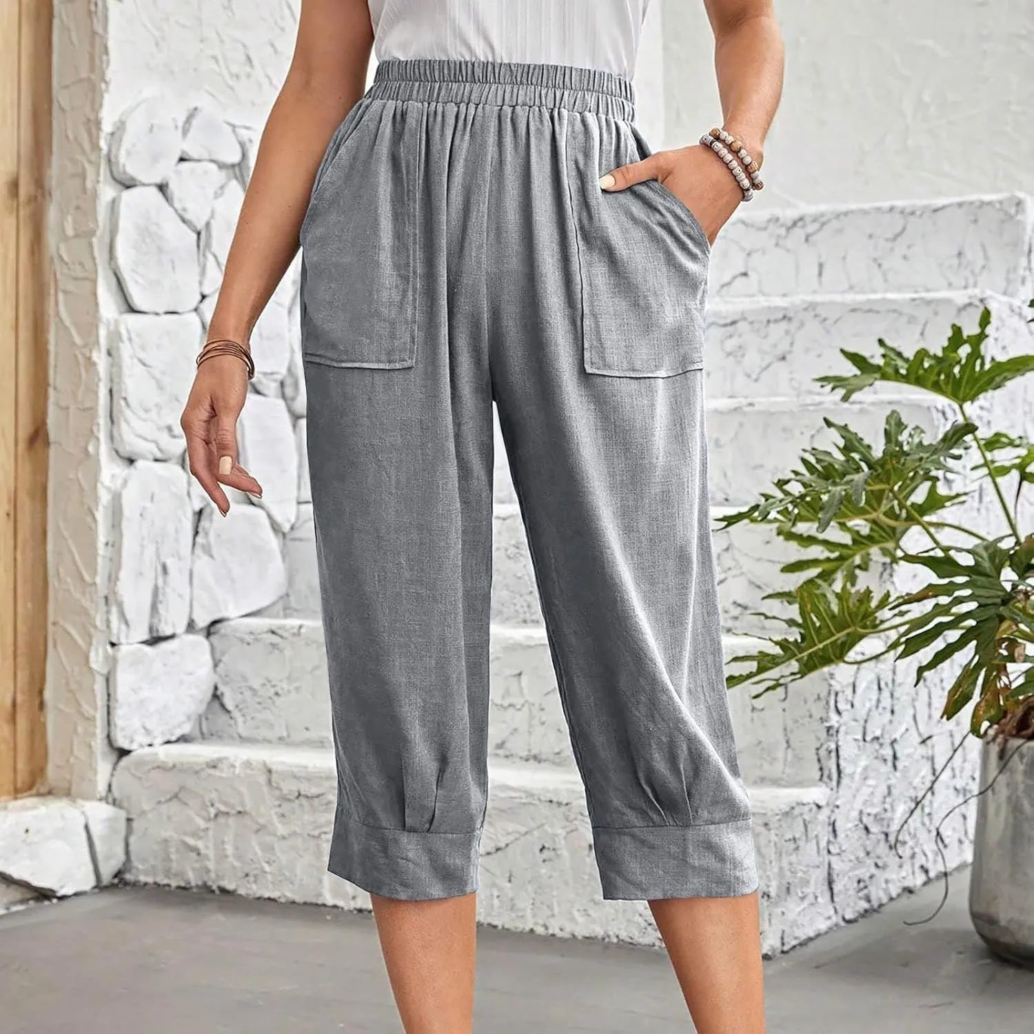 Women's Linen Wide Leg Capri Pants Casual Summer High Waist Flowy Baggy Comfy Straight Leg Yoga Lounge Trousers Beach