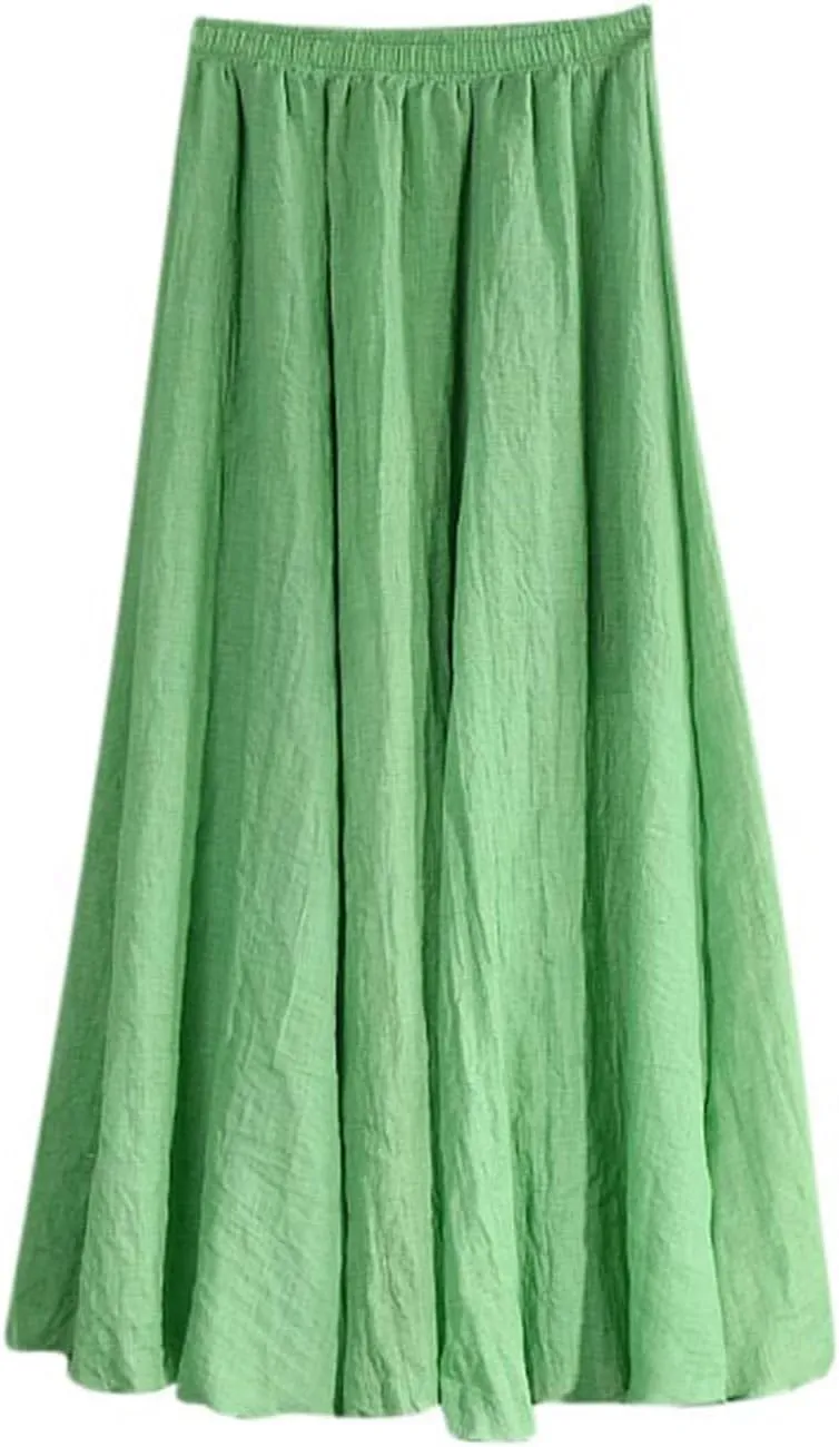 Womens Summer Linen Skirts Flowy Beach Skirts High Waist Pleated Skirts A-Line Cotton Skirts Long Vacation Skirts